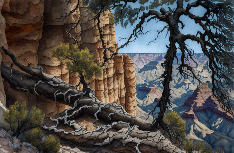 Rugged canyon illustration with twisted tree and eroded geological formations