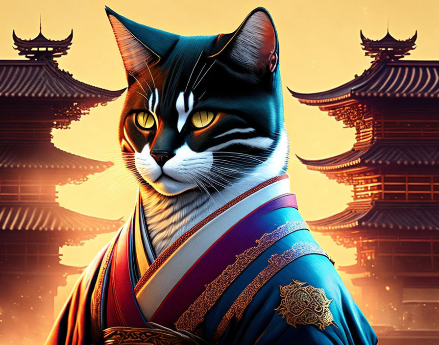 Digital Artwork: Majestic Cat in East Asian Attire Amid Ancient Temples