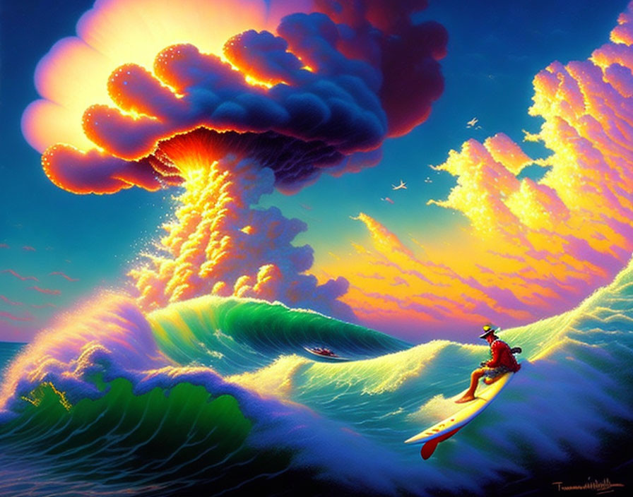 Colorful painting of surfer on wave with mushroom cloud and birds