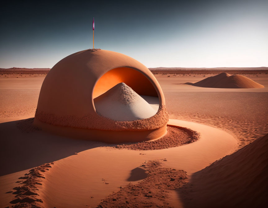 Dome structure with conical mound in desert landscape