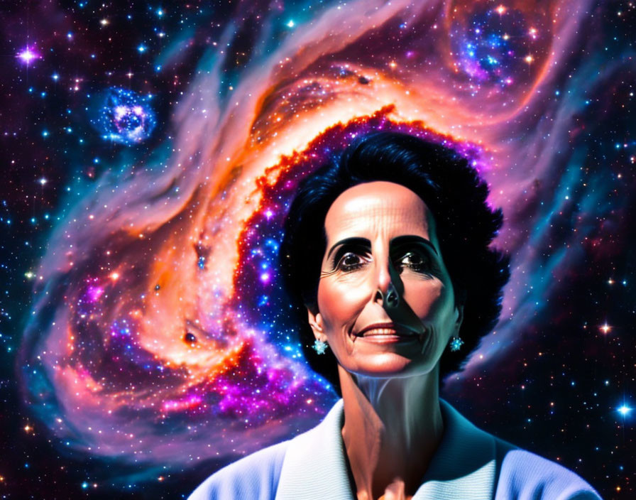 Dark-haired woman in white outfit against spiral galaxy.