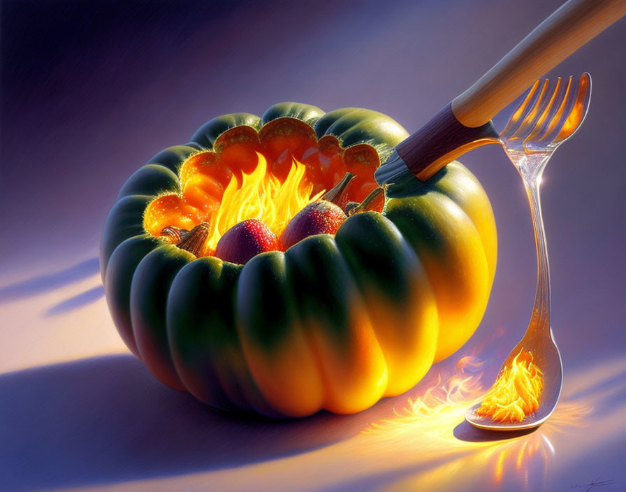 Colorful Pumpkin Bowl with Melting Fork in Illustration