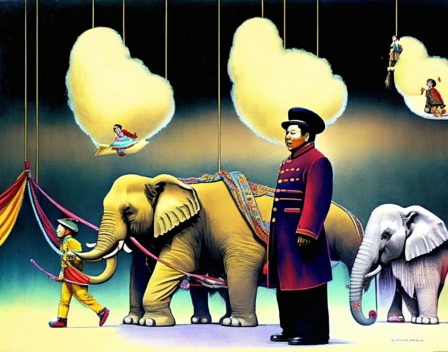 Surreal circus scene with elephants, ringmaster, trapeze performer, and acrobats