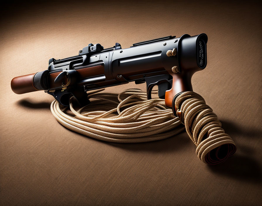 Vintage Thompson Submachine Gun with Drum Magazine on Brown Background and Beige Rope Coiling.