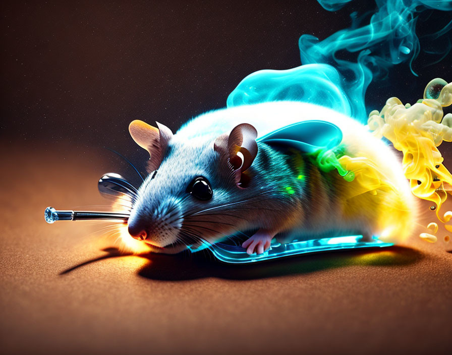 Translucent glowing mouse artwork with futuristic USB cable