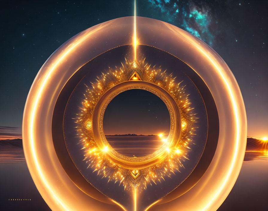 Concentric Glowing Circles Over Tranquil Landscape