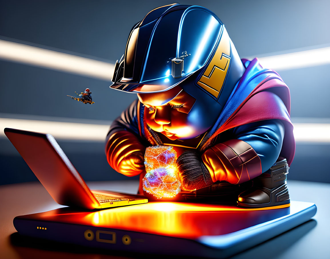 Child in motor racing suit focused on laptop with magical cube and flying figure