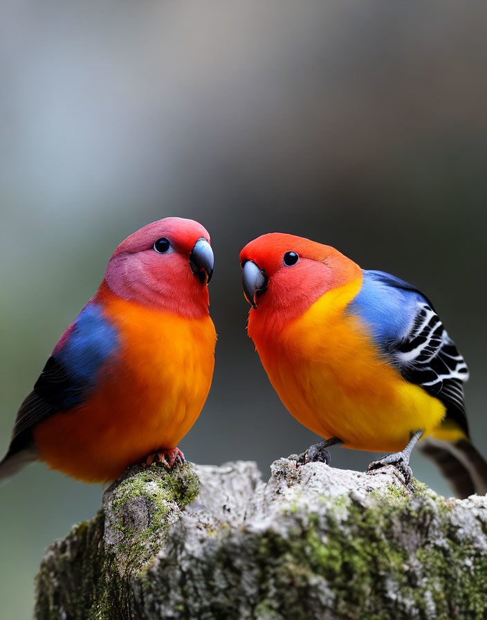 Colorful Parrots Perched on Tree Stump Facing Each Other