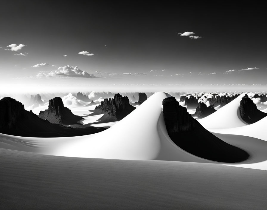 Monochromatic landscape with sand dunes and rugged mountains