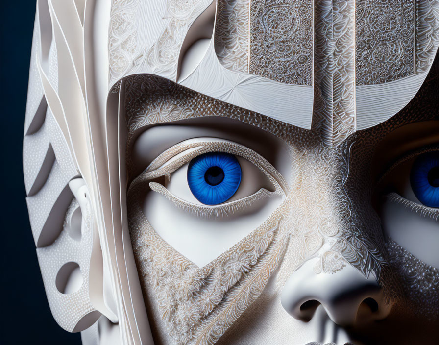 Detailed digital artwork: humanoid face with white patterns and blue eyes