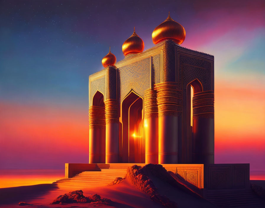 Majestic structure with golden domes in desert night scenery