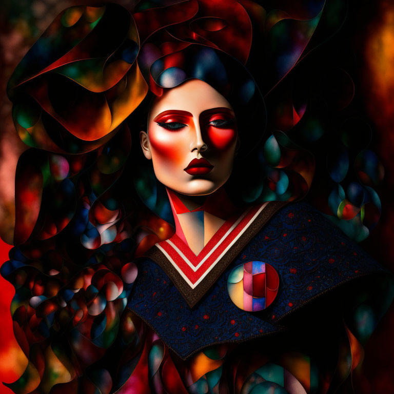 Geometric digital art portrait of stylized woman with bold colors and intricate patterns