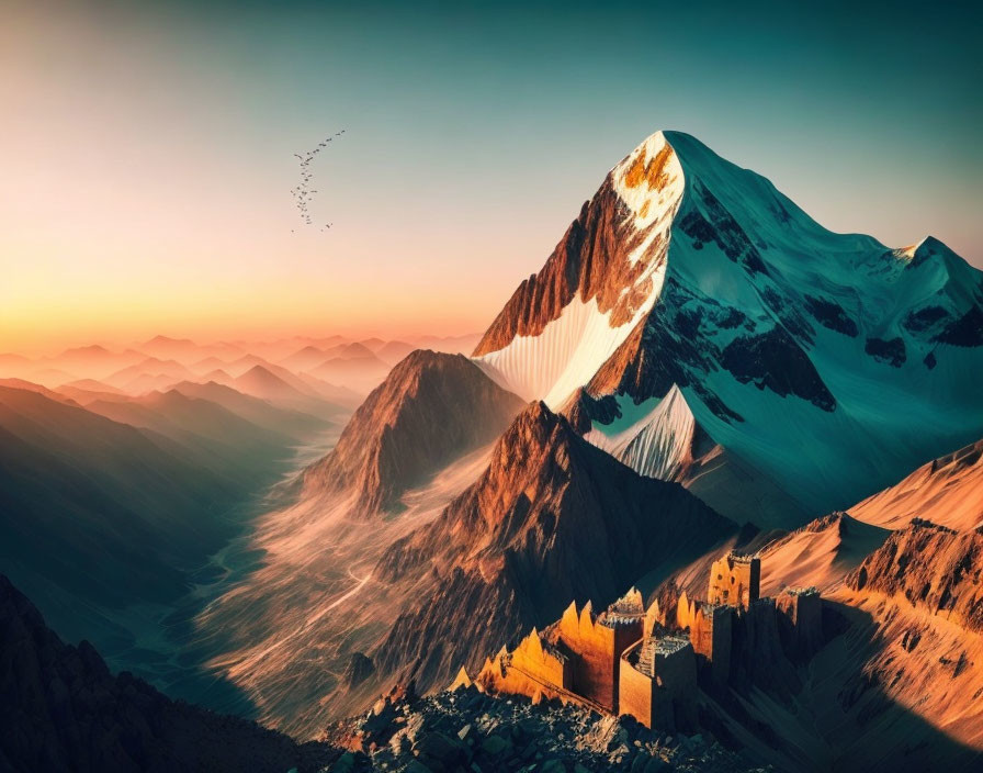 Snow-capped mountain peak at sunrise with castle and rolling hills