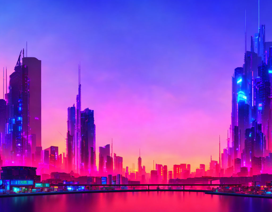 Futuristic city skyline at dusk with pink and blue hues over calm river