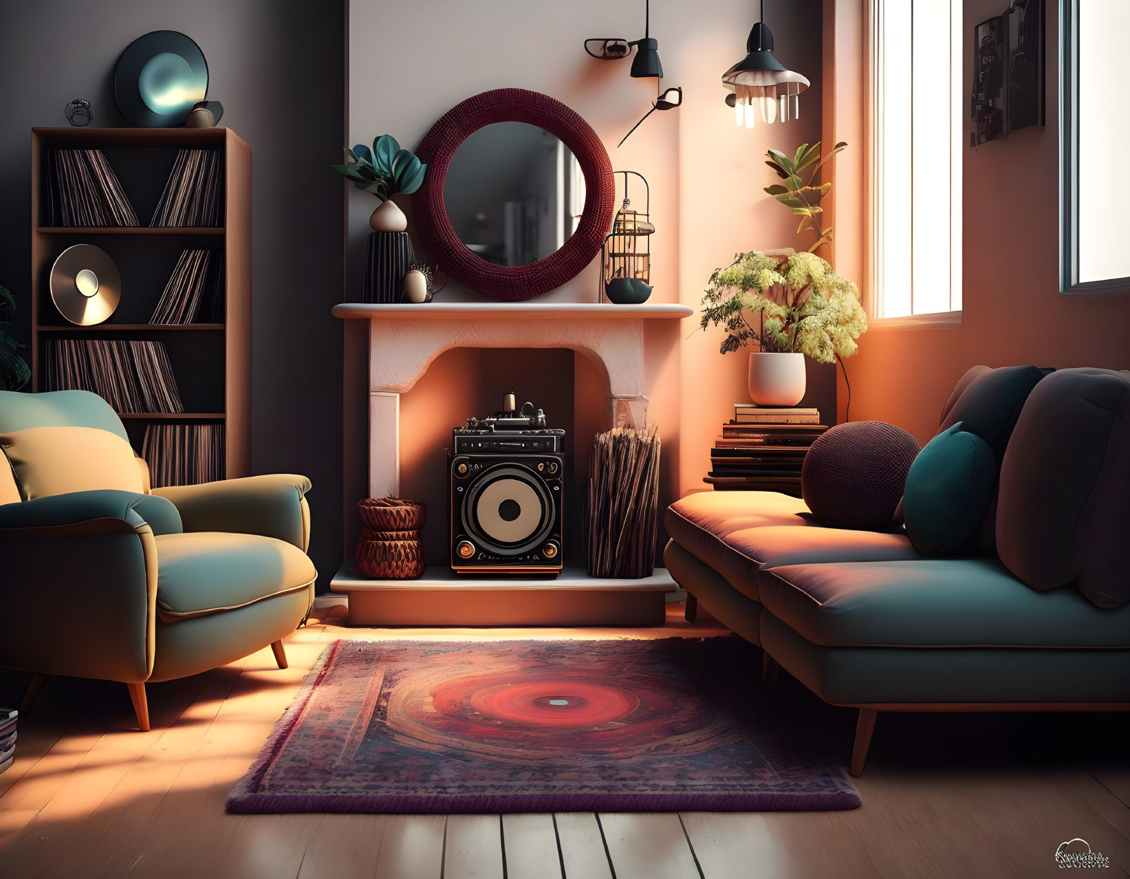 Retro-themed living room with vinyl player, comfy seating, warm light, and plants