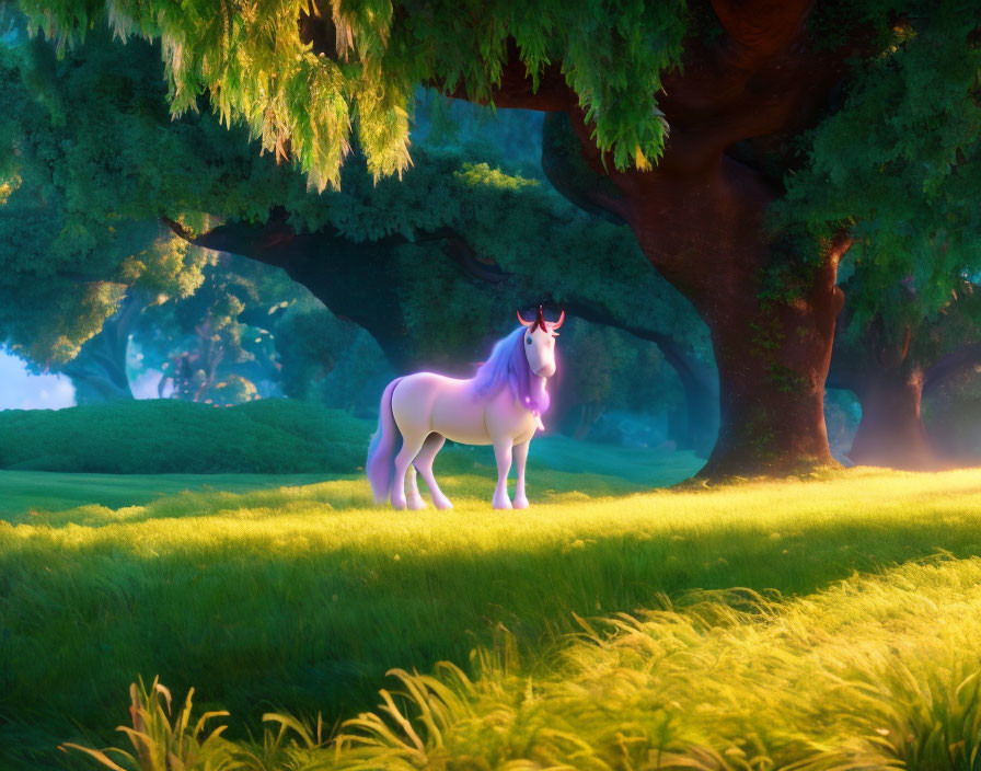 Majestic unicorn in serene forest clearing with sunlight rays