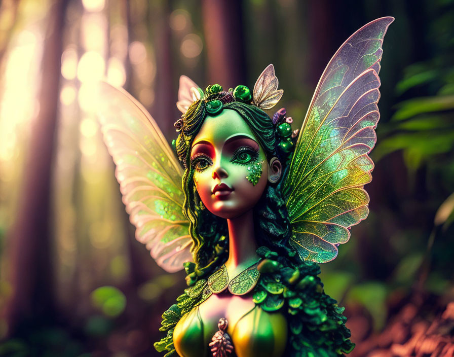 Green-skinned fairy figurine with transparent wings in forest setting