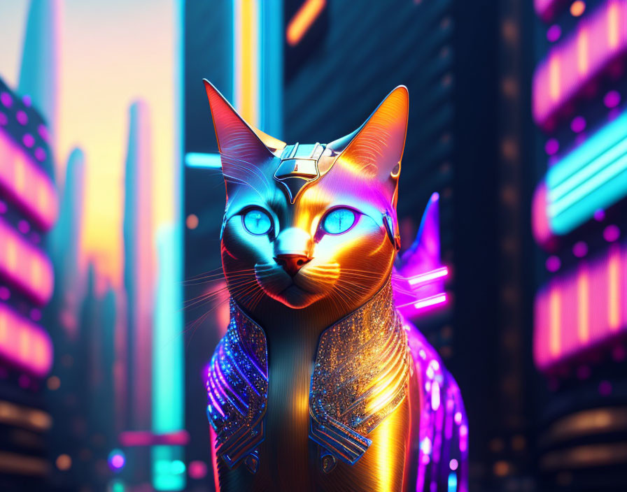 Futuristic robotic cat in neon-lit cityscape at sunset