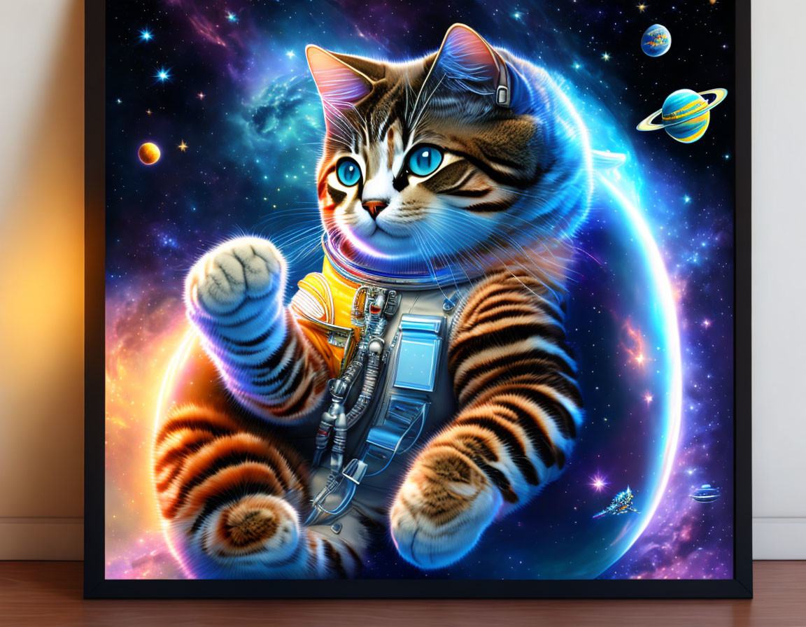 Colorful digital artwork: Cat in astronaut suit, floating in space with stars, planets, galaxies.