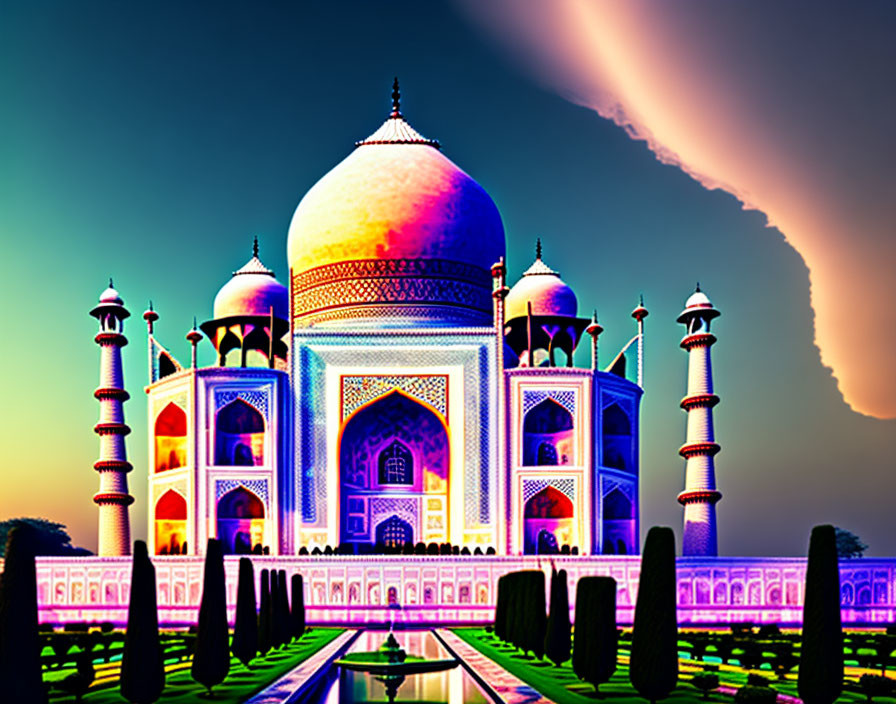 Vibrant Taj Mahal Illustration with Neon Colors and Surreal Sky