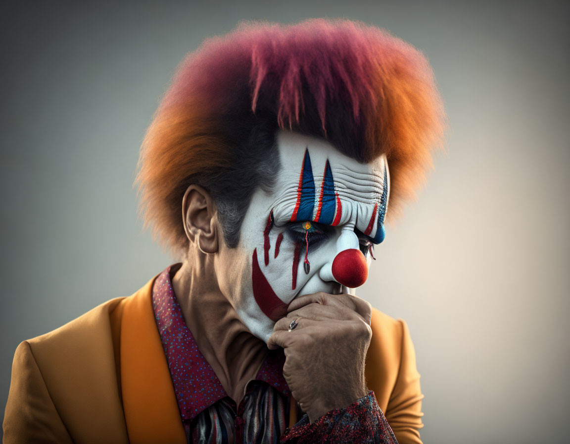 Clown in contemplative pose with sorrowful expression