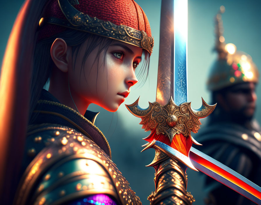 Detailed Female Warrior Artwork with Male Warrior in Background