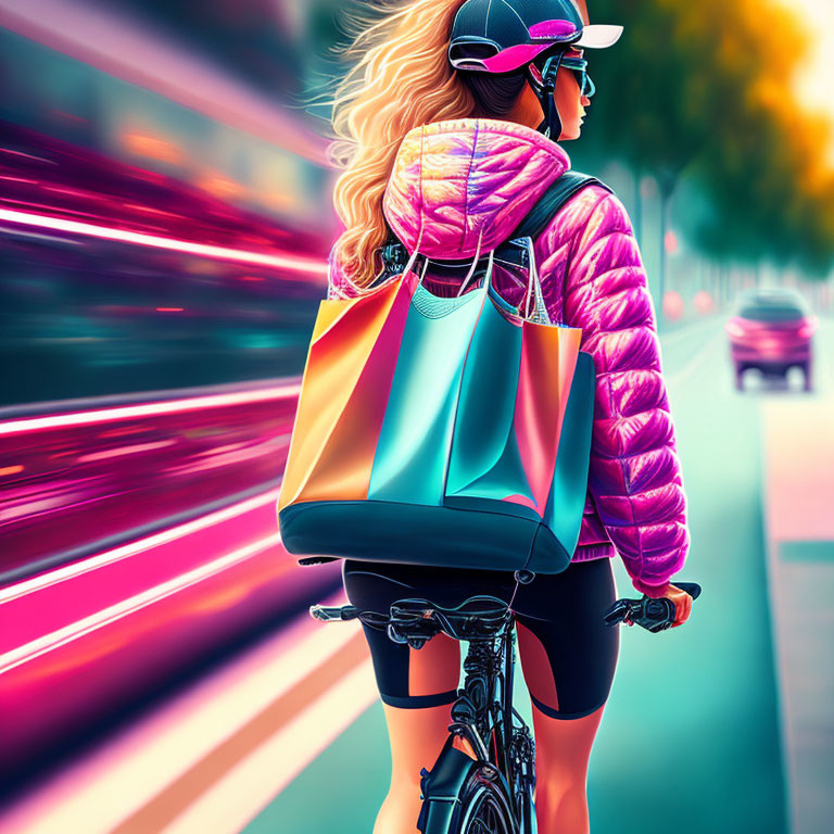 Colorful tote bag woman biking in city with motion blur.