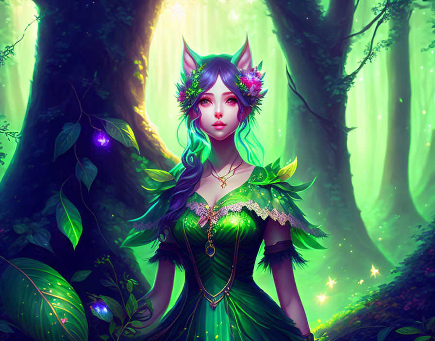 Digital artwork: Mystical forest with female figure in green fantasy attire