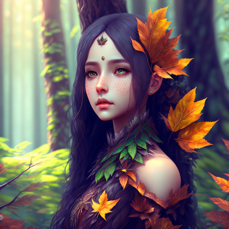 Mystical female figure with leafy adornments in forest scenery