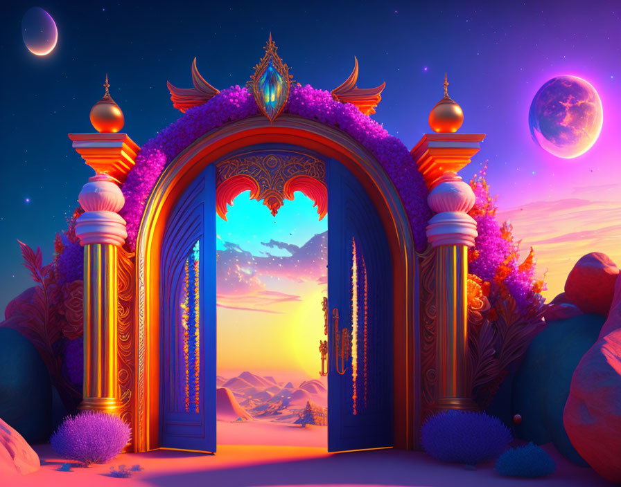 Ornate open gateway with vibrant desert sunset and twin moons