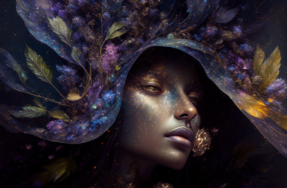 Surreal portrait of woman with cosmic floral headdress on dark starry background