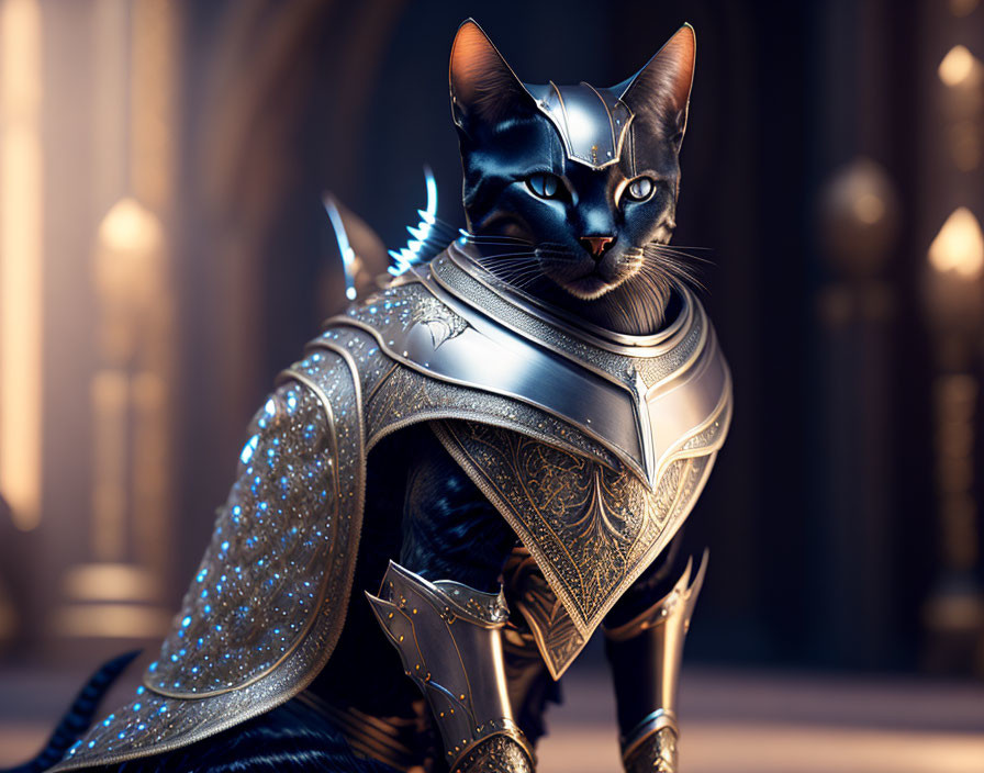 Black Cat in Medieval Armor with Cat Helmet in Grand Hall