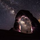 Surreal portrait of woman with cosmic floral headdress on dark starry background