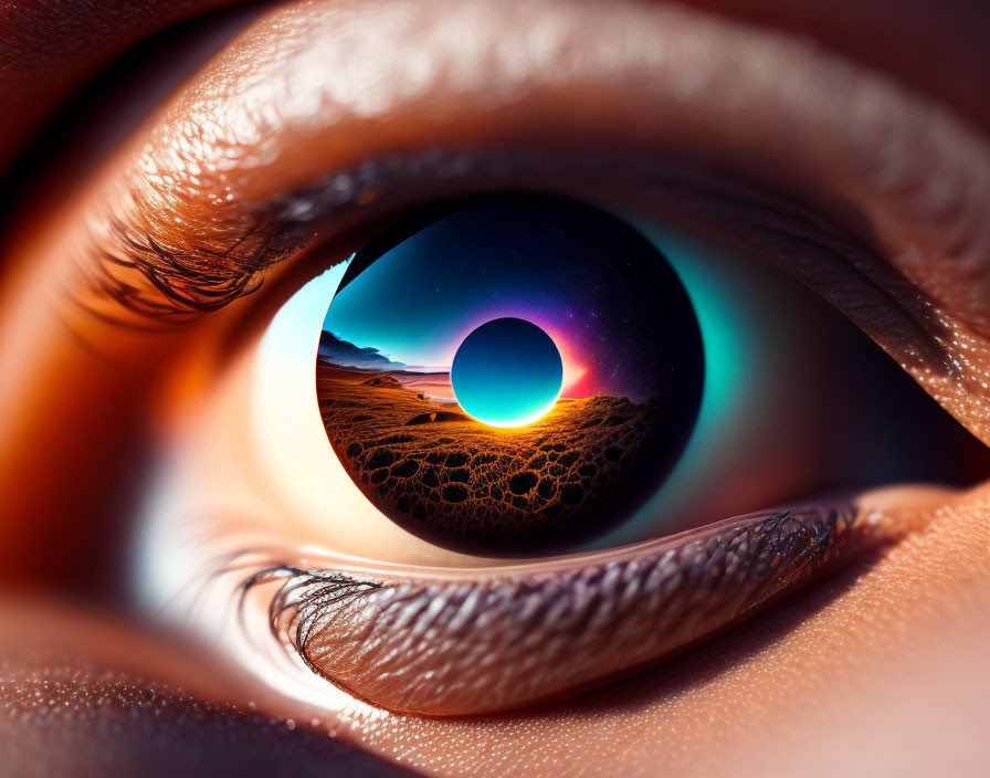 Human eye close-up merged with surreal sunset landscape and celestial bodies.