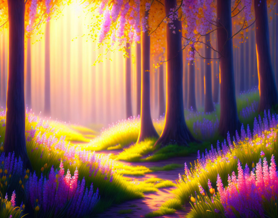 Sunlit mystical forest with vibrant flowers and golden canopy