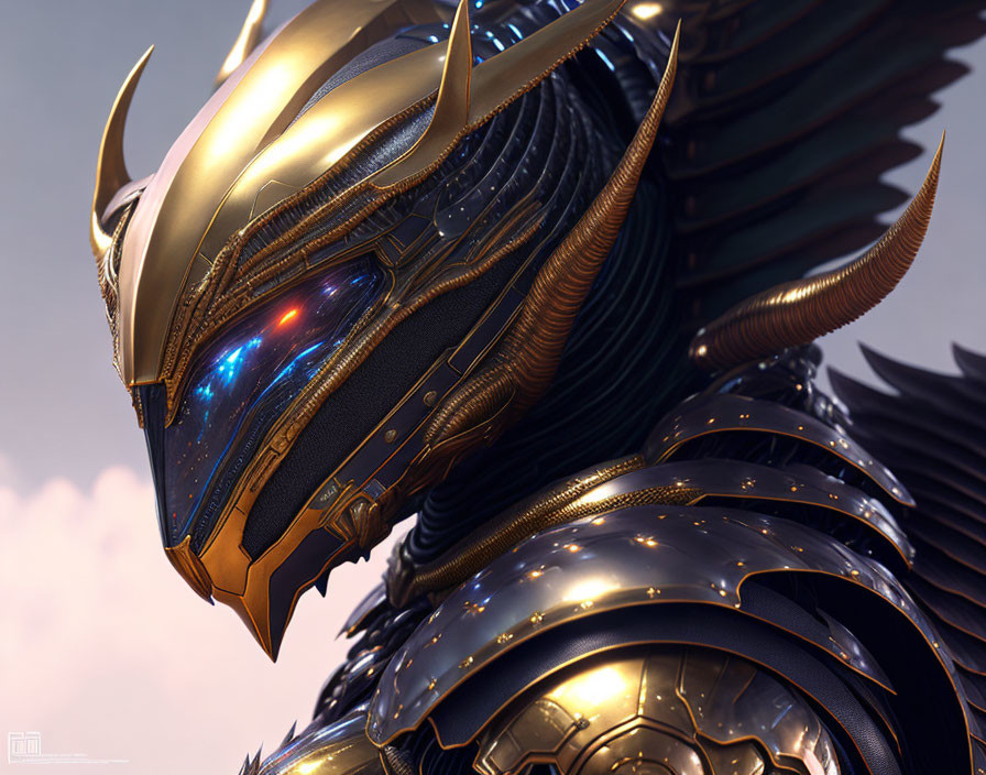 Detailed futuristic knight's helmet with golden accents and glowing red eyes