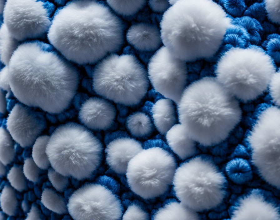 Blue textile with soft white pom-poms for a fluffy texture