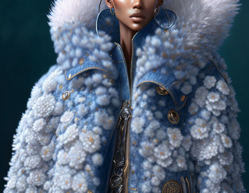 Detailed blue jacket with fluffy white textures on dark-skinned person.