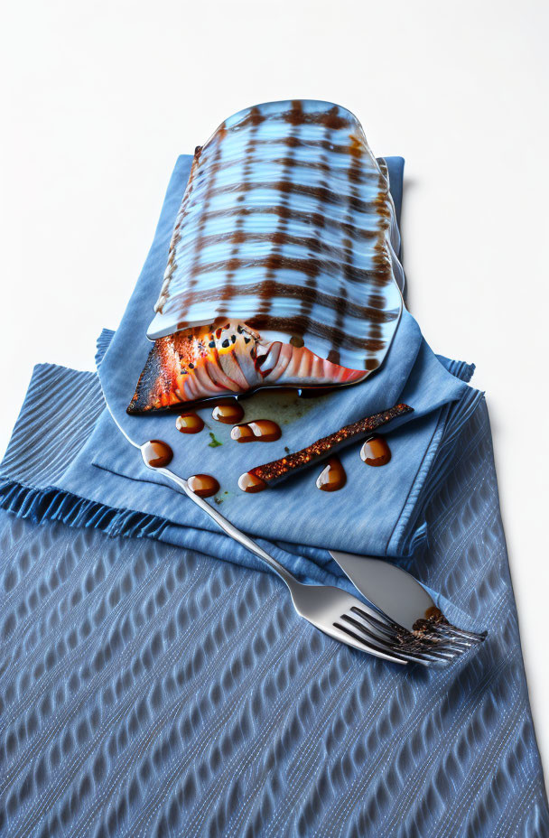 Realistic Grilled Steak Cake on Blue Napkins with Chocolate Sauce