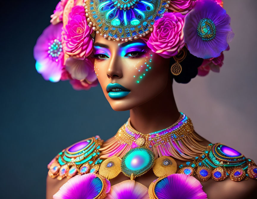 Colorful digital portrait of a woman with blue and purple jewelry, flowers, and makeup