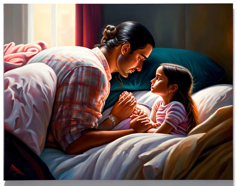 Man and young girl share tender moment on bed with soft lighting