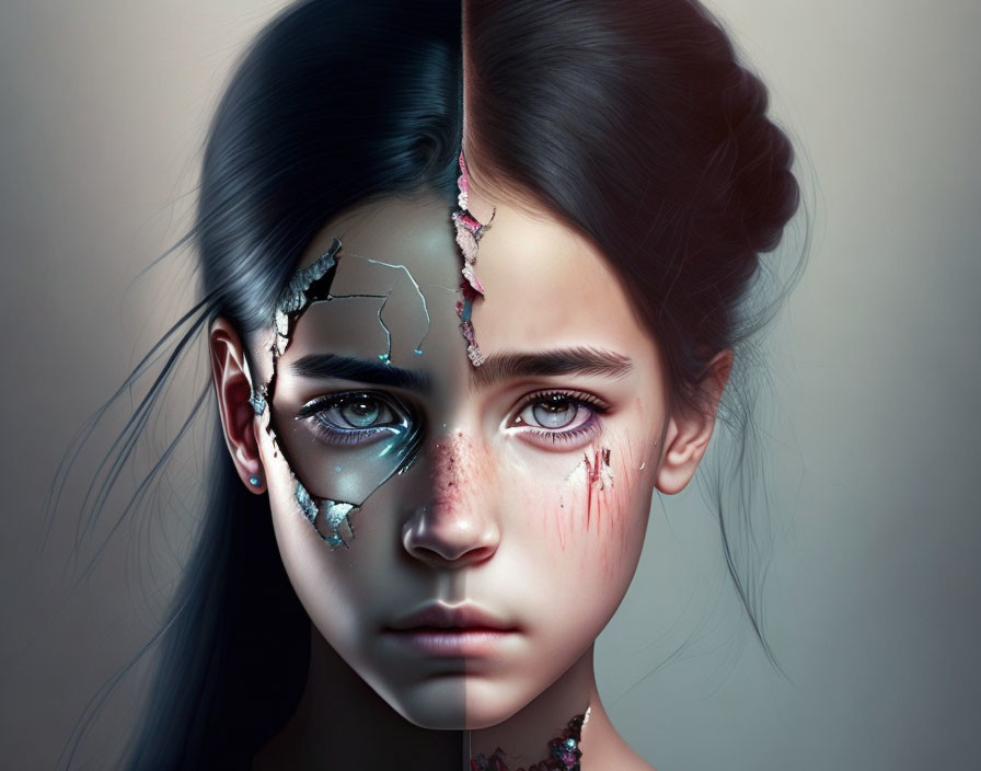 Digital artwork: Half-human, half-robot girl's face with crack revealing mechanical parts.