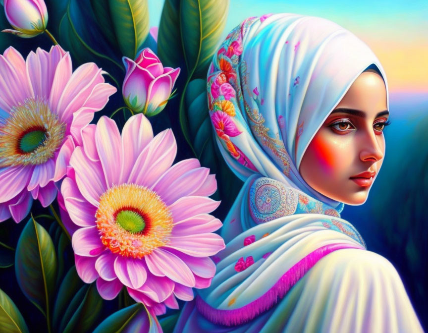 Woman in white hijab with floral backdrop