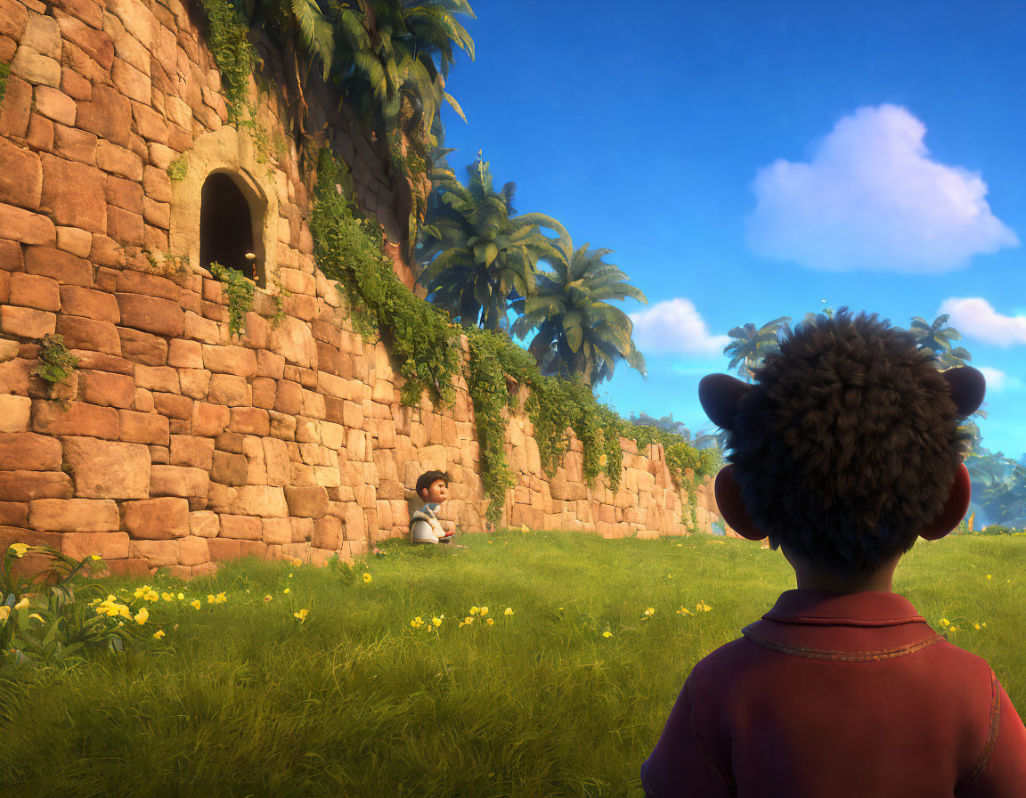 Children with curly hair by ivy-covered wall under clear sky and palm trees