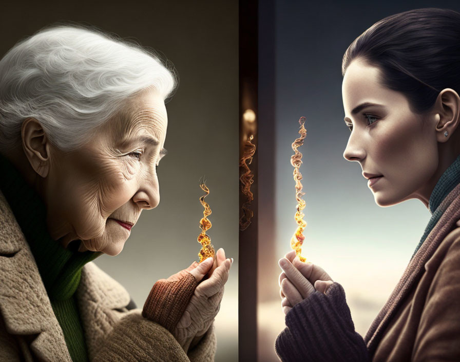 Generational connection depicted by two women holding a double helix smoke wisp