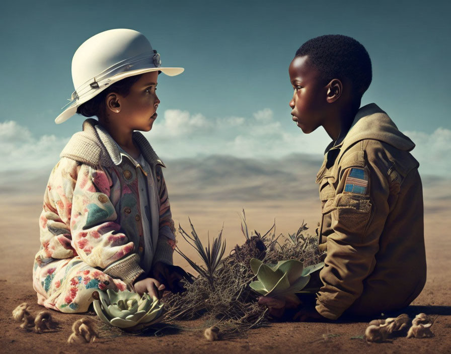 Children in desert landscape with pith helmet and plant