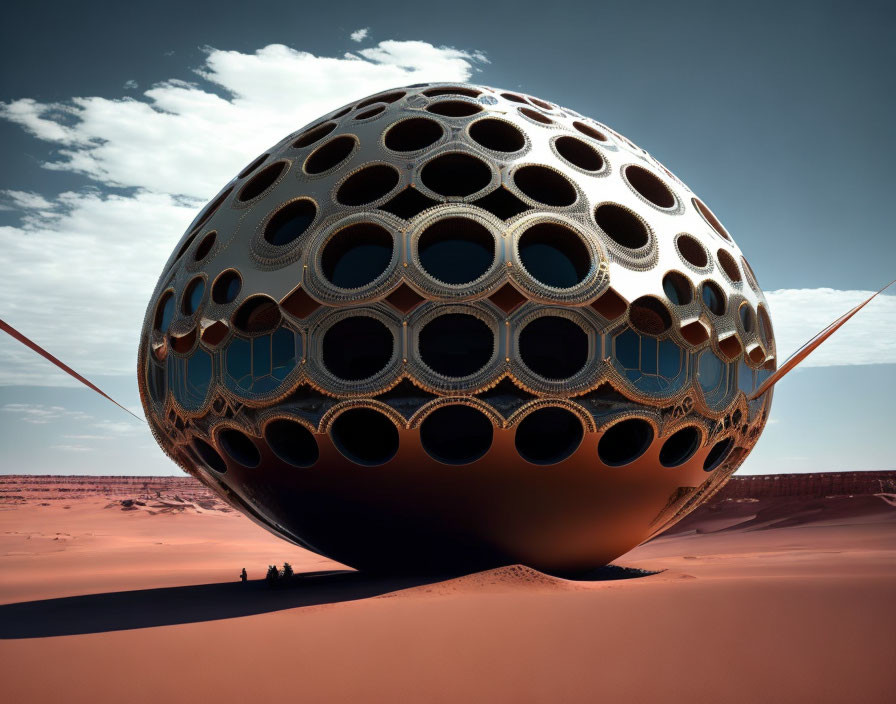 Futuristic spherical structure with honeycomb-patterned surface in vast desert with human figures