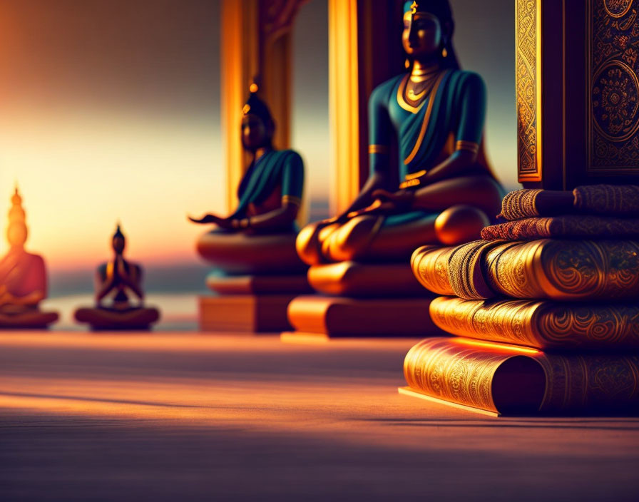 Buddha statues in different sizes with golden pillows under sunlight