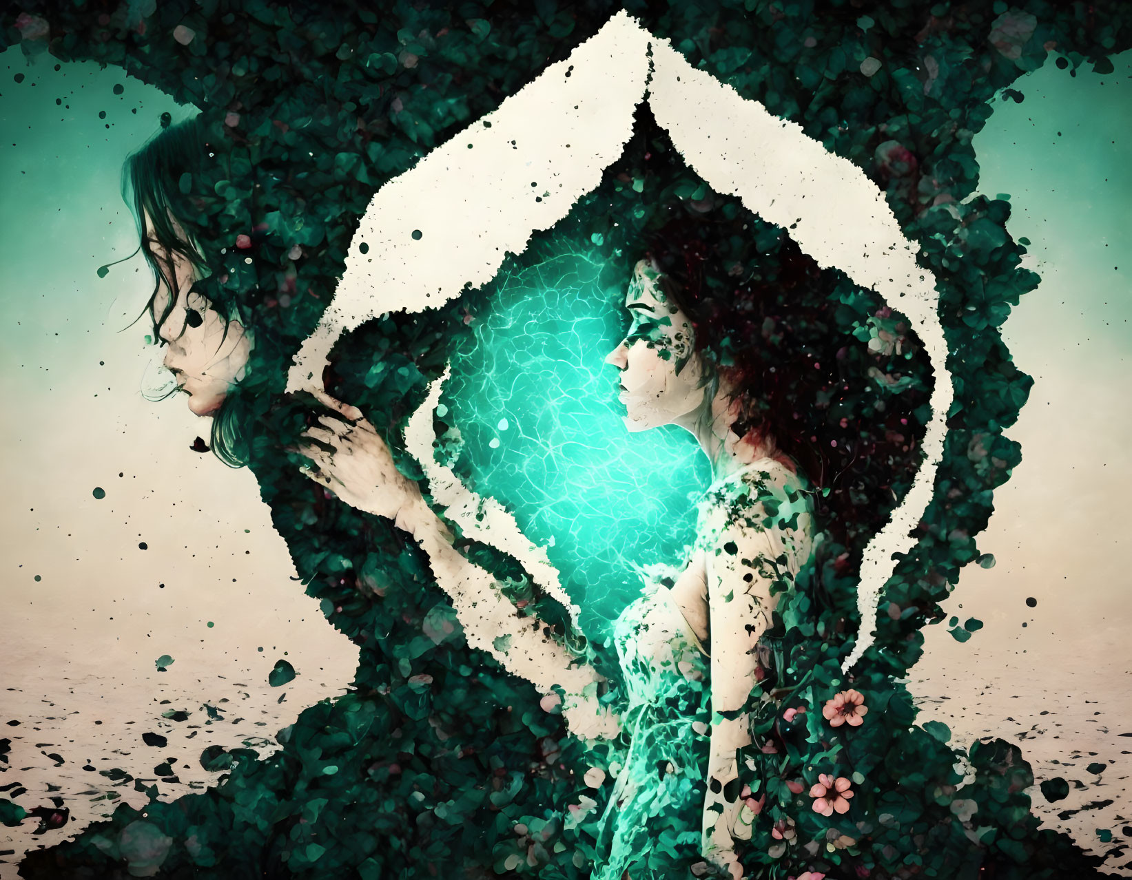 Surreal artwork: Woman in green dress merging with tree-like structure against dusty backdrop