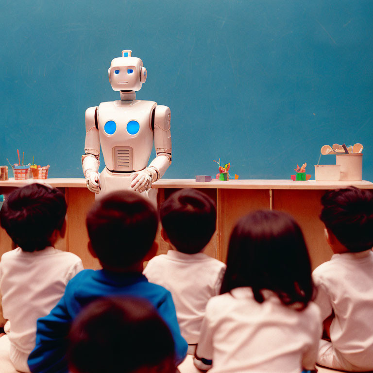 Robot standing in classroom with children facing away